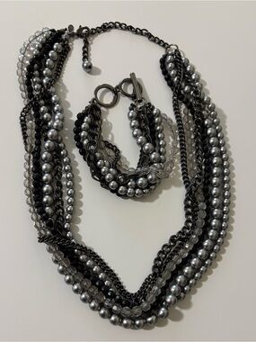Premier Designs Multi-Strand Silver & Black Main Event Necklace and Bracelet Set